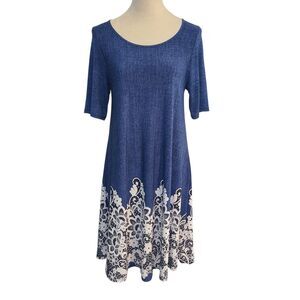 SJS Denim Blue Trapeze Dress L Lace Hem Border Feminne Coastal Cottagecore